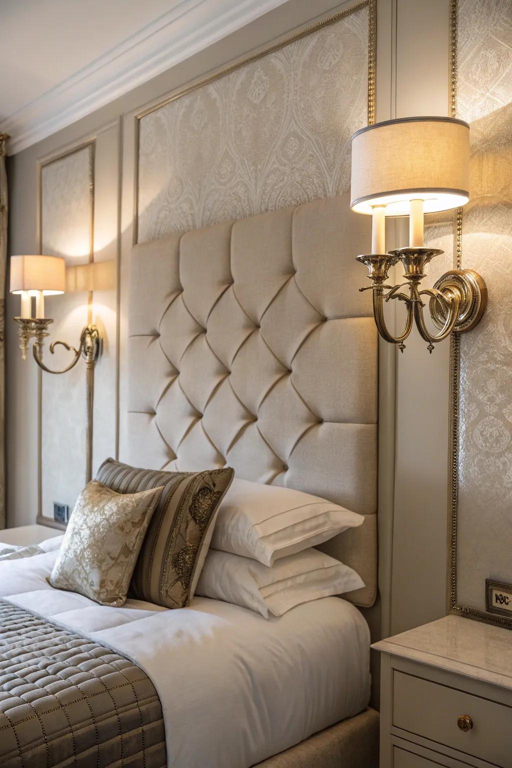 Headboard luminaires deliver balance and symmetry.