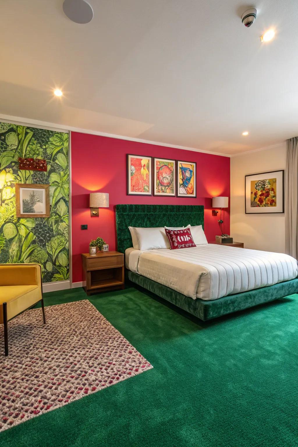 The room is sparked to life with an accent wall in a lively burst, complementing the verdant floor covering.
