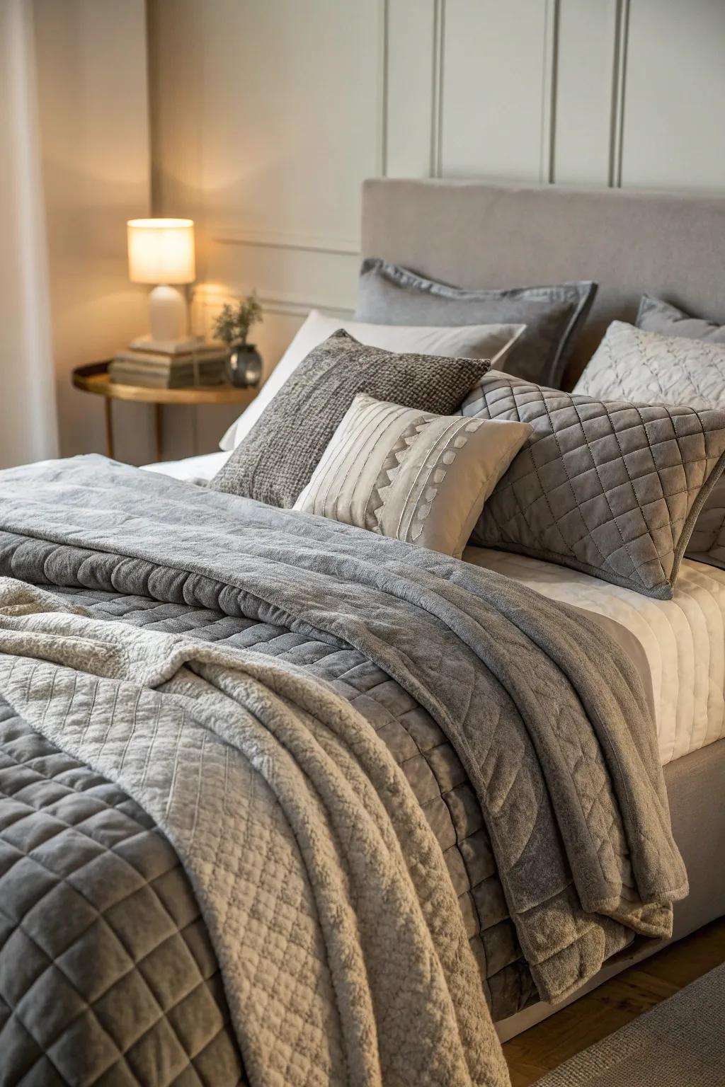 Tiered grey bed linens for a tranquil slumber zone.