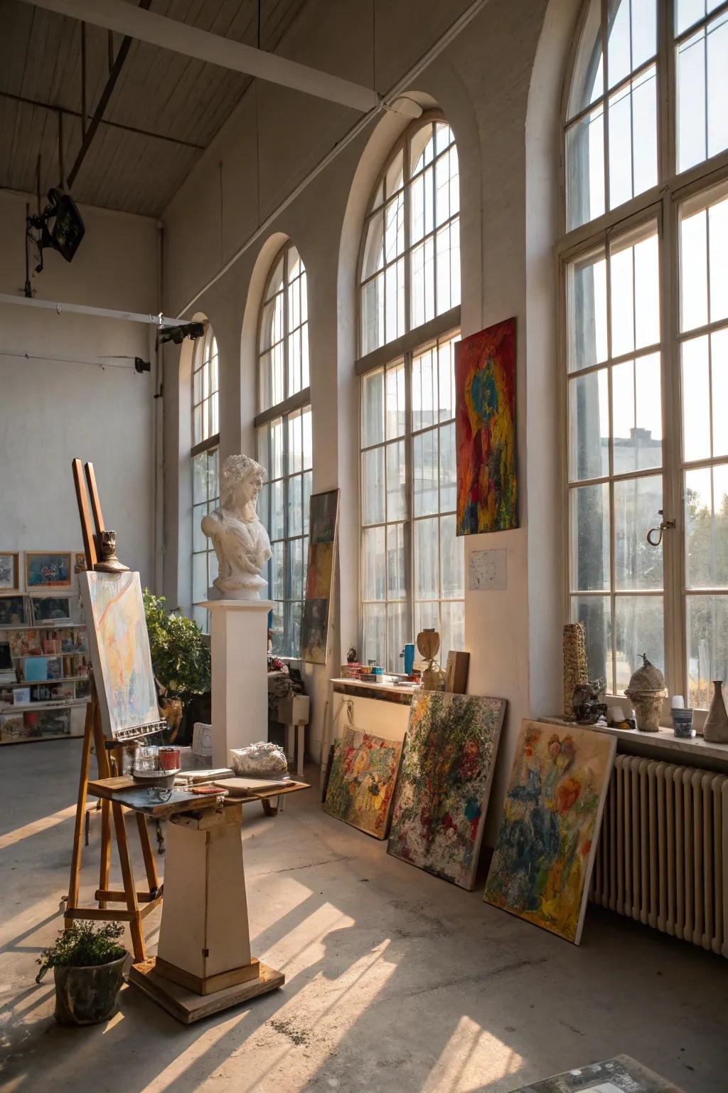 Sunlight flows through windows, enriching artworks