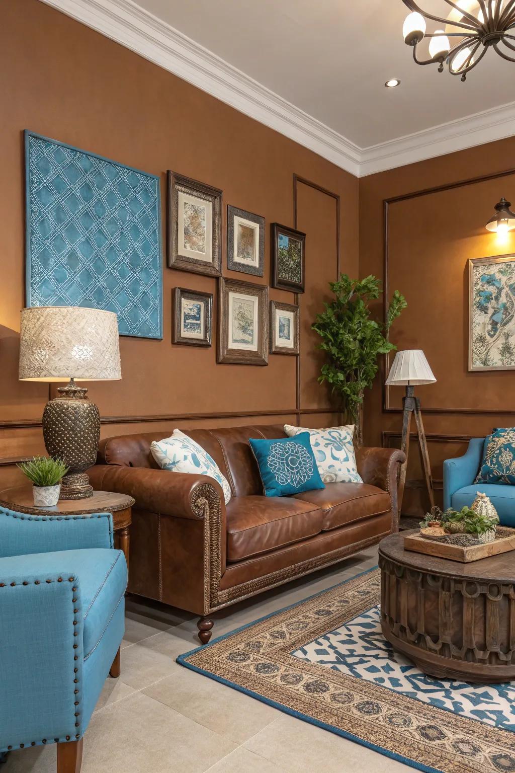 A harmonious combination of brown and azure to achieve a tranquil area.