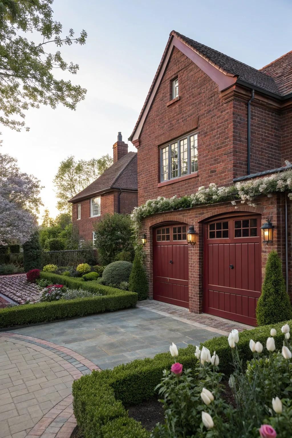 Crimson garage doors bring a dramatic flair to red brick homes.