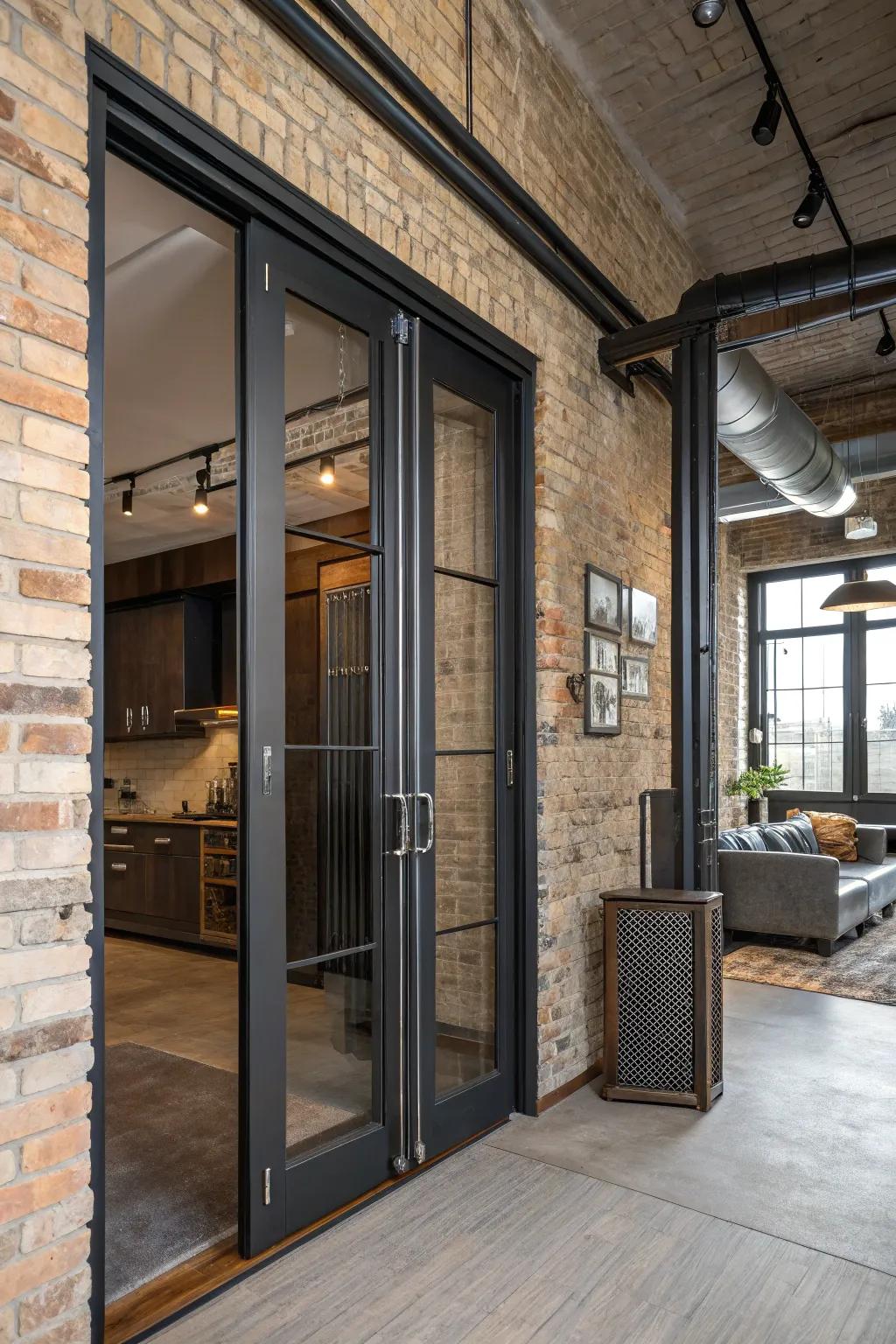 Industrial metallic grips enhance the urban loft aesthetic of folding doors.