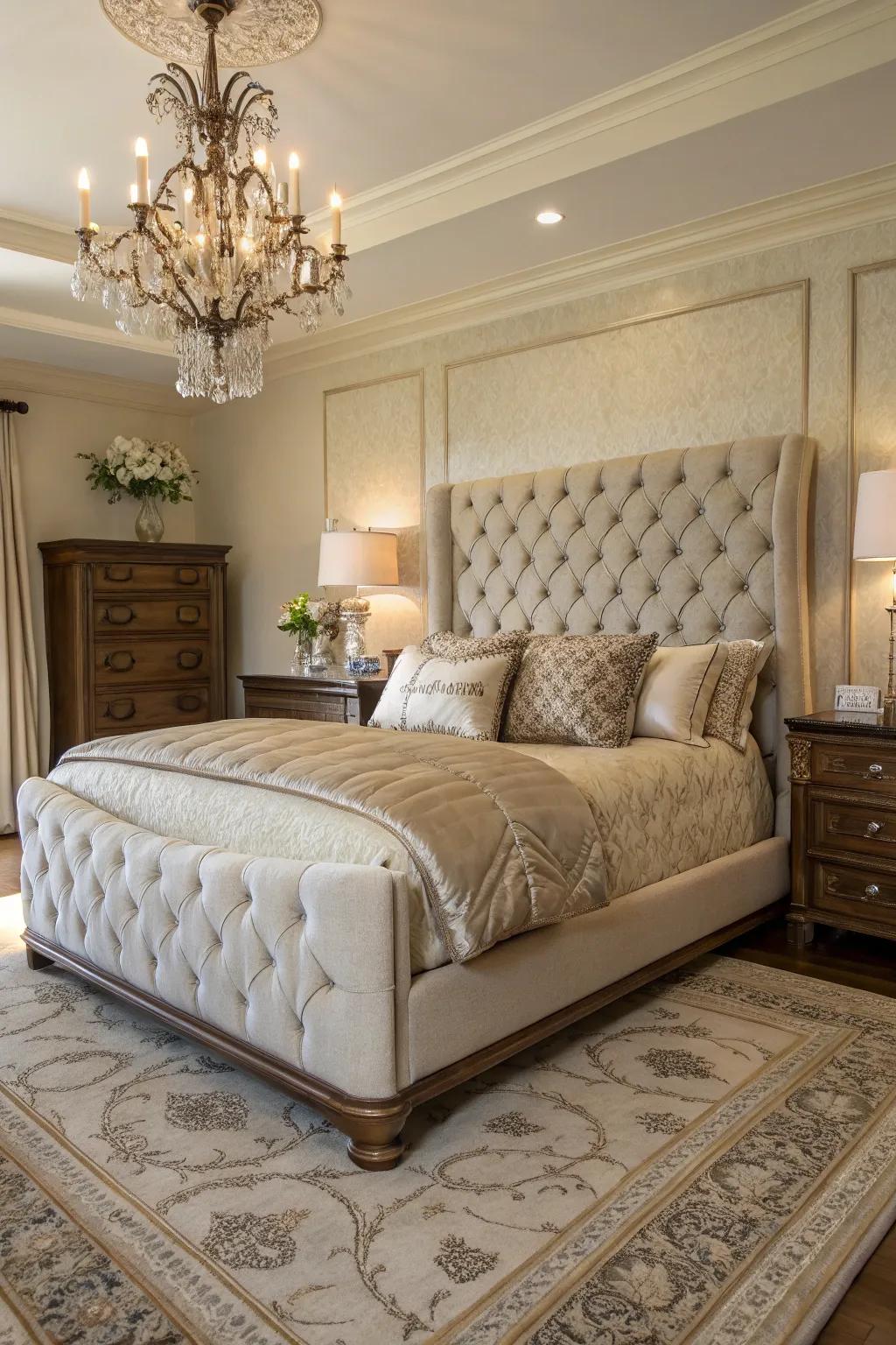 A sumptuous bedroom with a generous upholstered bed and tasteful furnishings.
