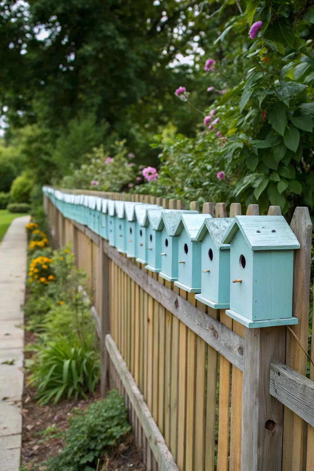 A lengthy sequence of avian dwellings furnishes a consistent decorative aspect to the fence.