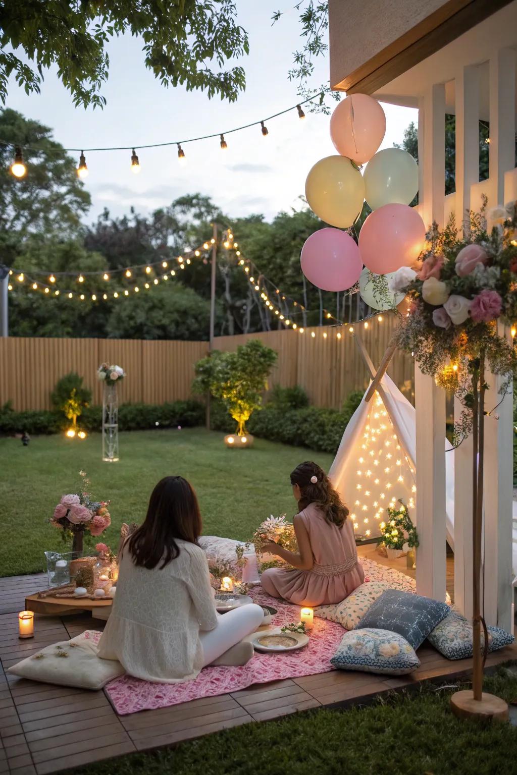 A sophisticated outdoor celebration design with inviting floor seating for a laid-back gathering.