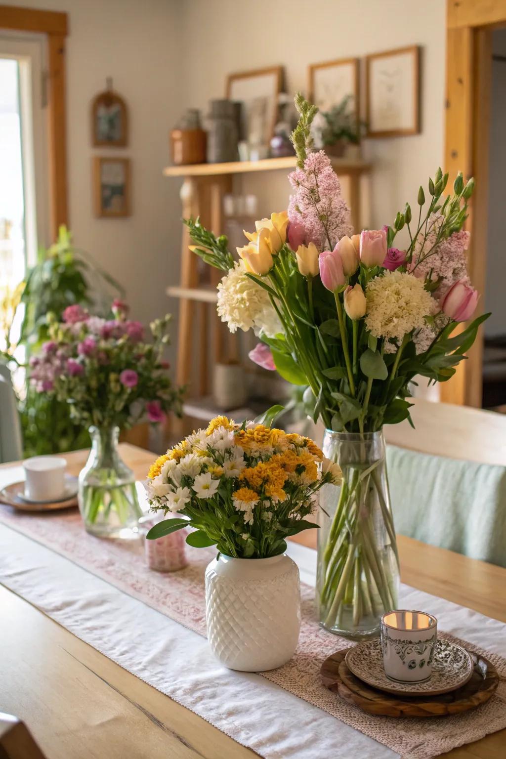 An elegant flower arrangement presenting seasonal blooms on a home table.
