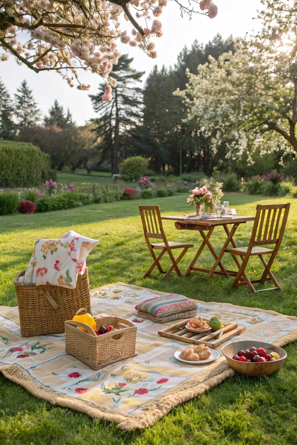 An inviting and elegant repast configuration conducive to open-air assemblages.