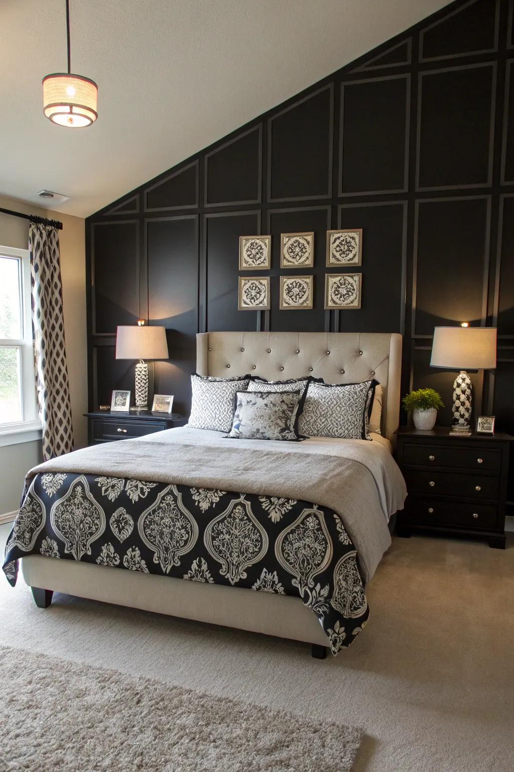 Balanced design elements create harmony with a black accent wall.