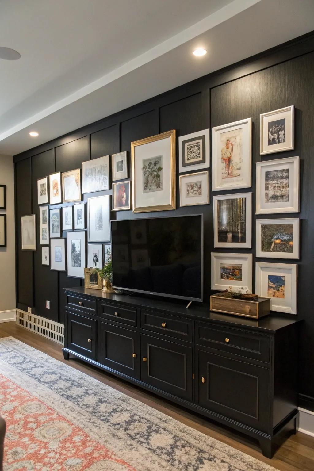 An art gallery wall contributes individuality and fashion to a dark-painted focus wall.