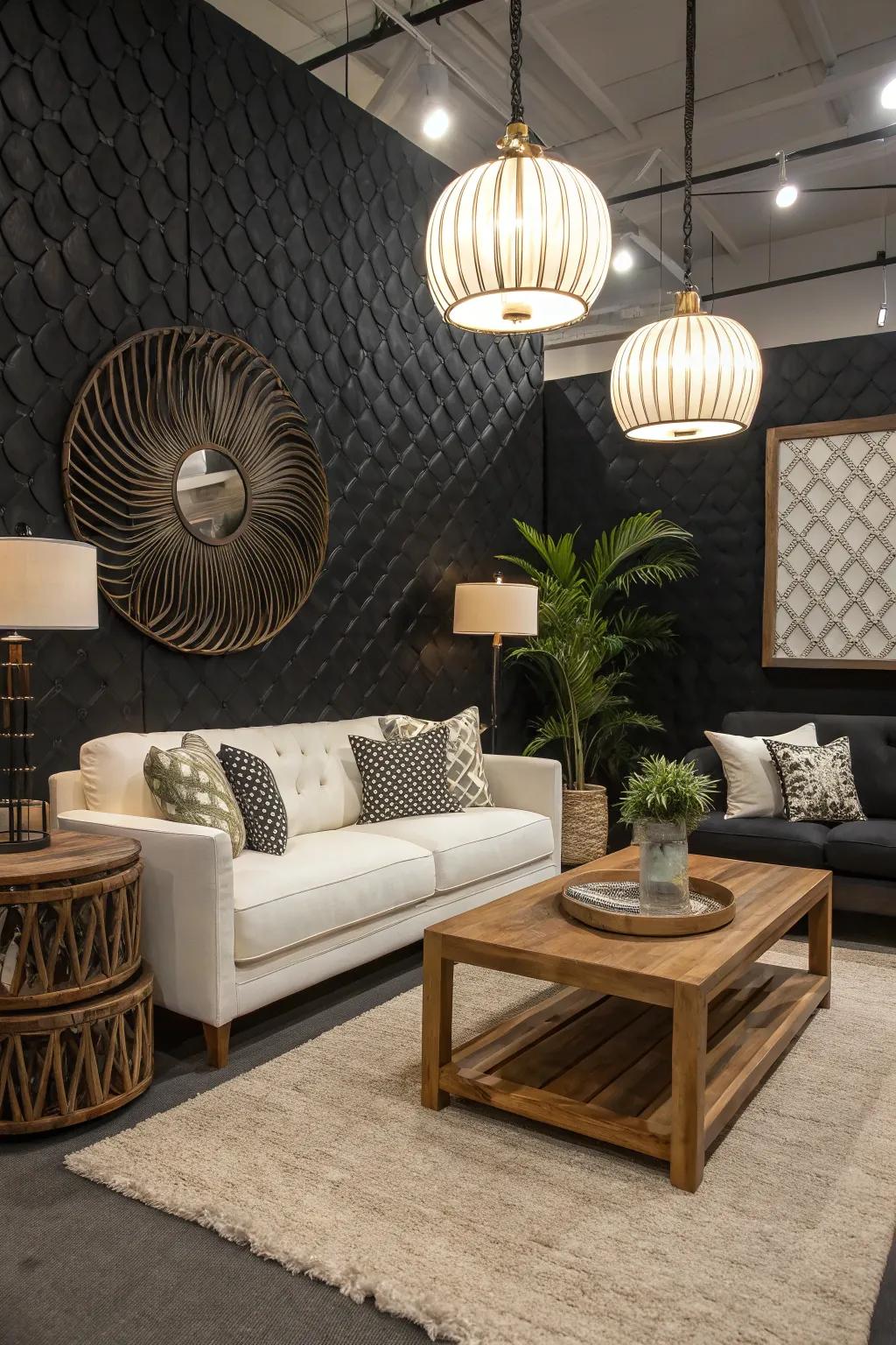An area showcasing a textured ebony feature wall that introduces dimension and individuality.