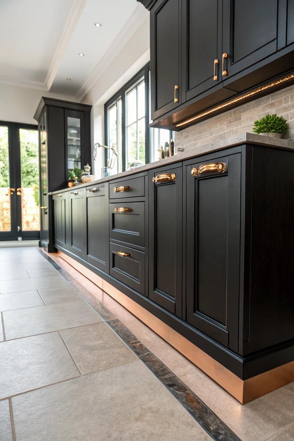 Bronze plinths bring subtle elegance to the base of black cabinets.