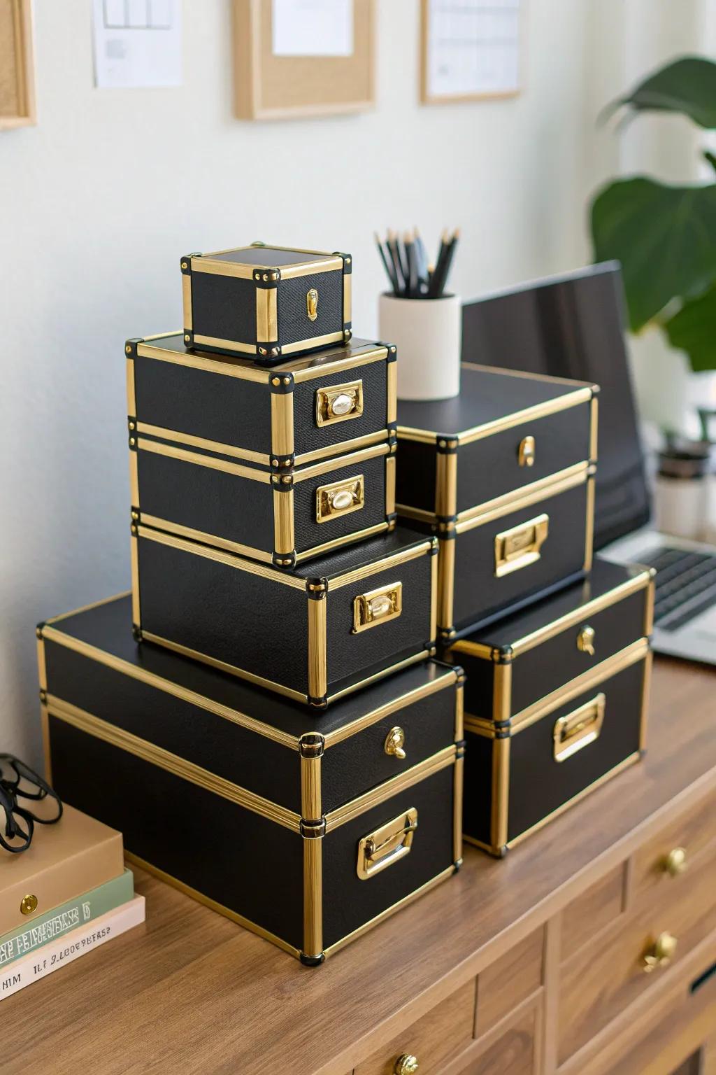 Ebony and gilded archiving options maintain a structured and stylish workspace.