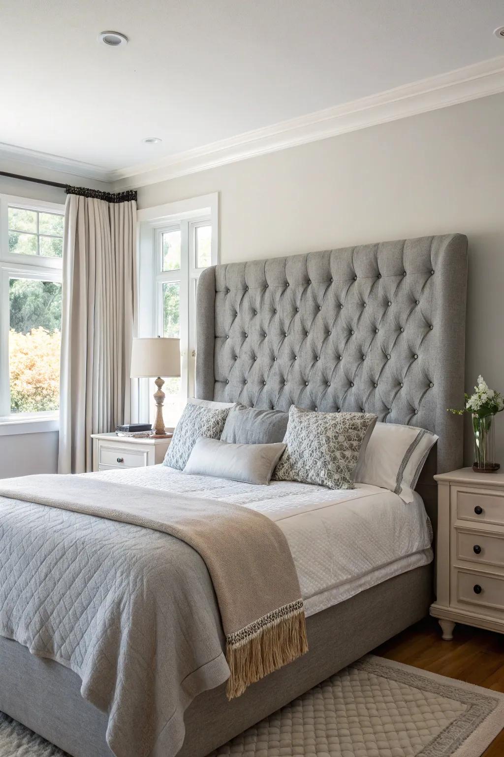 A bedroom showcasing a plush statement headboard in grey.