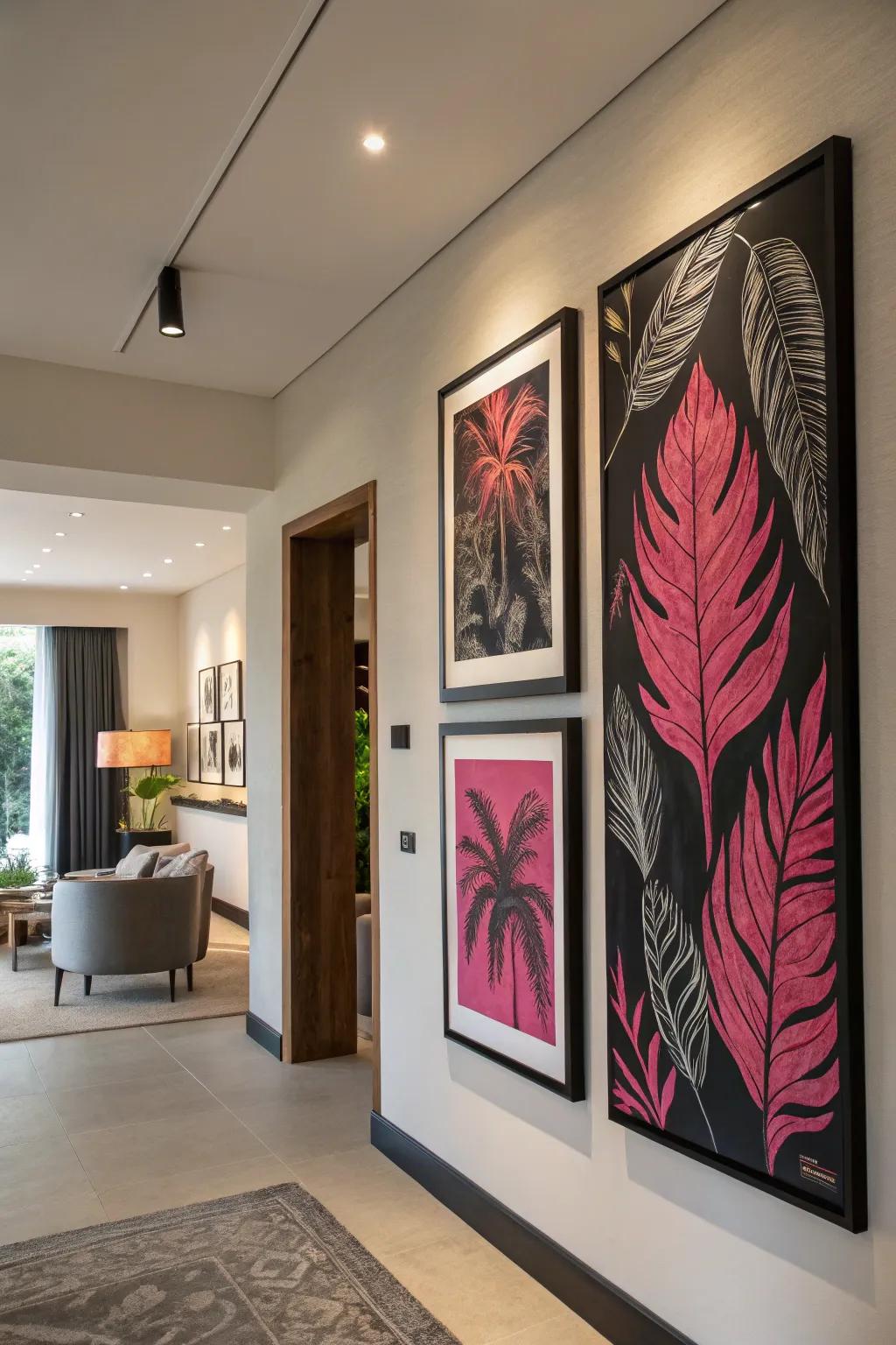 Art in coordinating colors ties the room's design together.