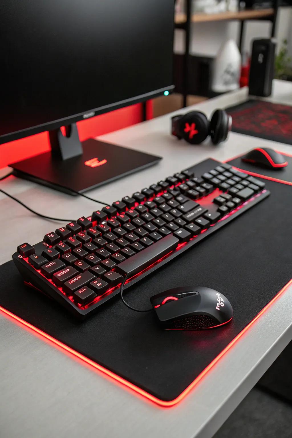 A charcoal keyboard and mouse radiate a scarlet glow, enhancing the setup's visual attraction.