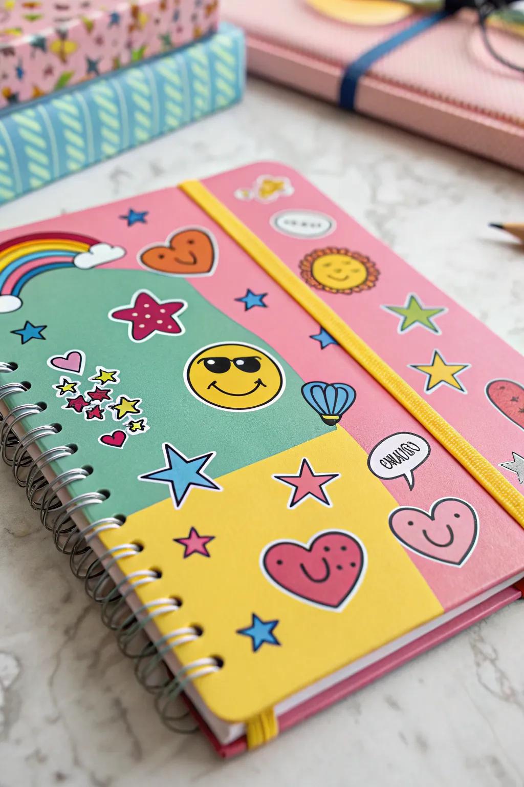 Doodle stickers bringing life to a notebook.