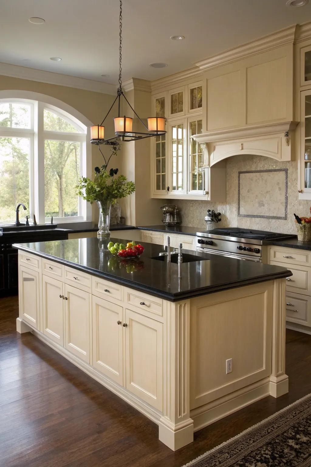 An ebony countertop island serves as a striking focal element.