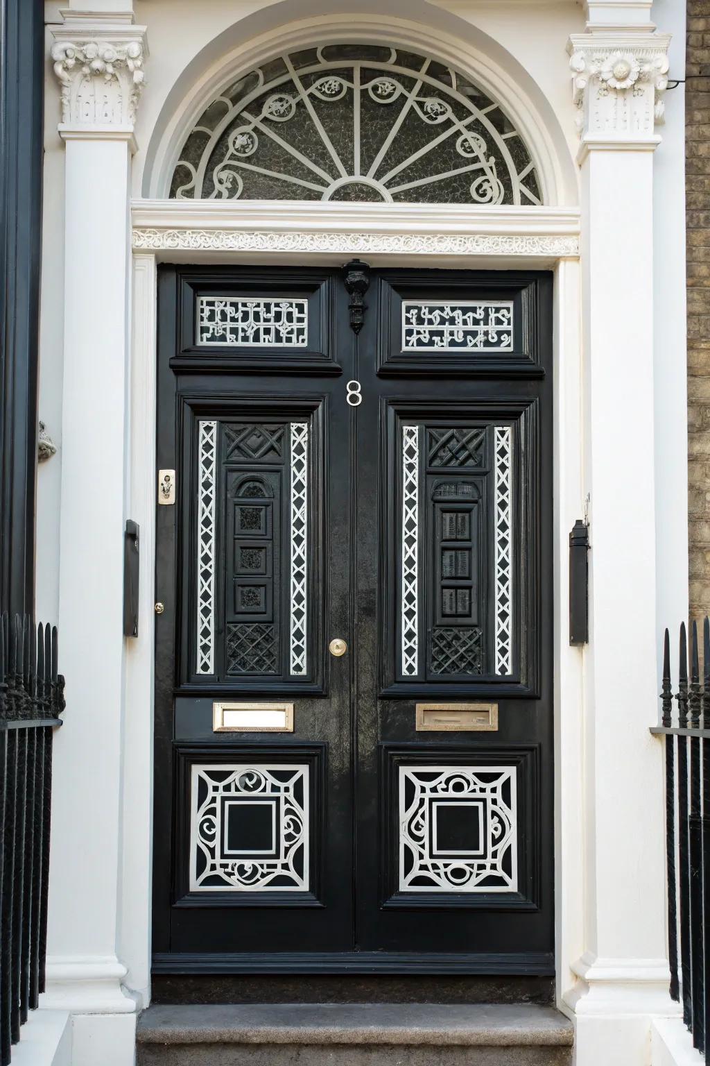 Geometric patterns on an onyx door stand out beautifully with alabaster trim.