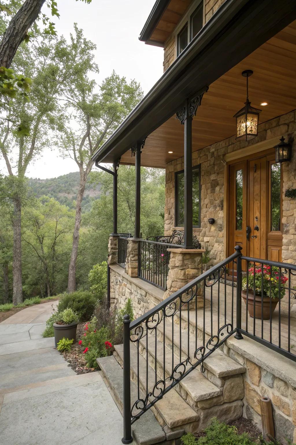 Countryside allure with black railings and stonework crafts a snug, welcoming veranda.