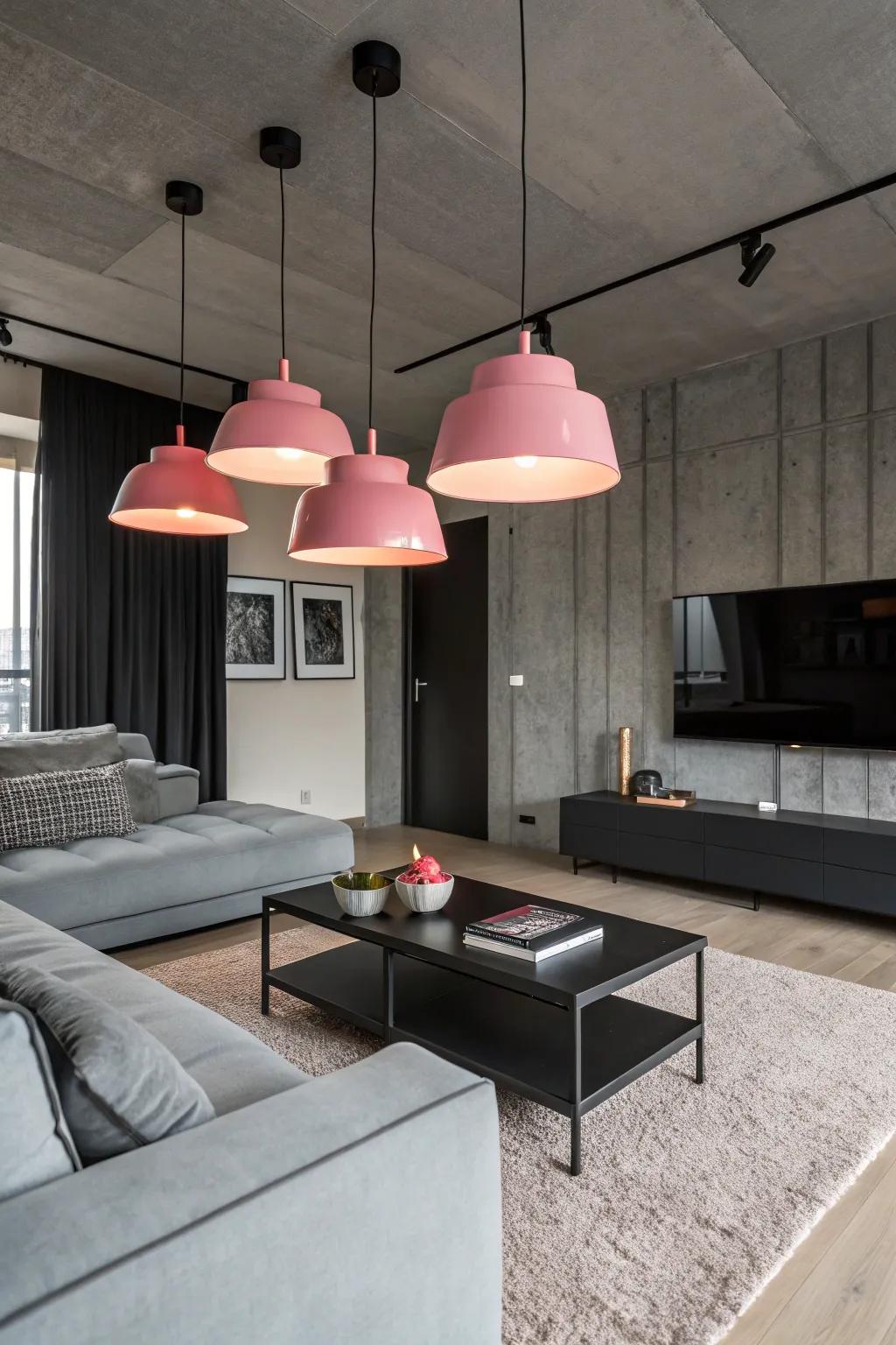 Hanging lamps with a rose tint accentuate the room’s characteristics.