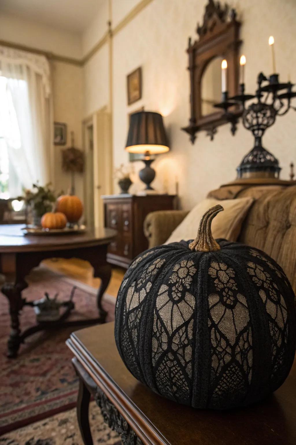 A dark-hued pumpkin with a netting overlay, uniting refinement and spectrality.