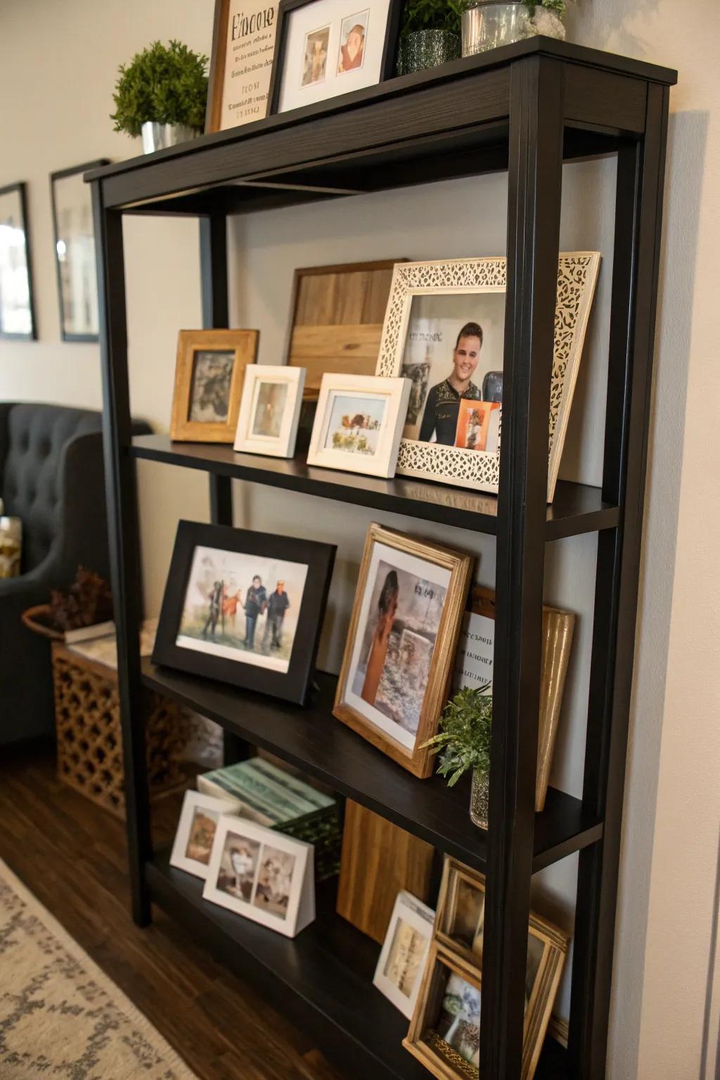 Personal artworks and photographs enriching a black shelf with individuality.