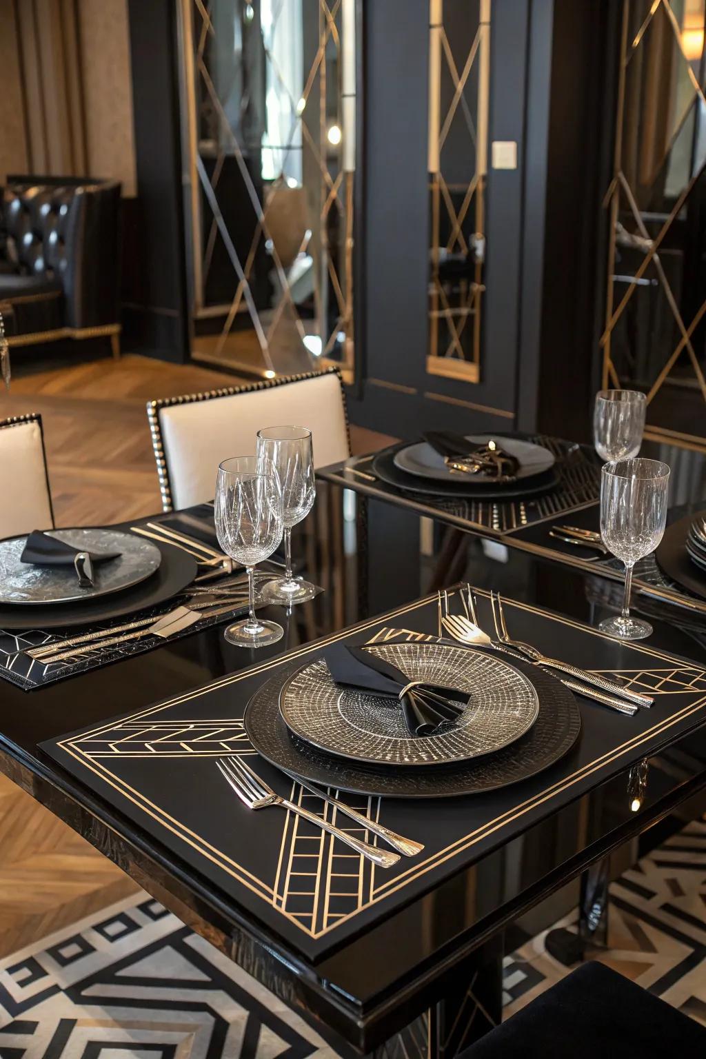 Art Deco glamour defined by ebony and gold accents.