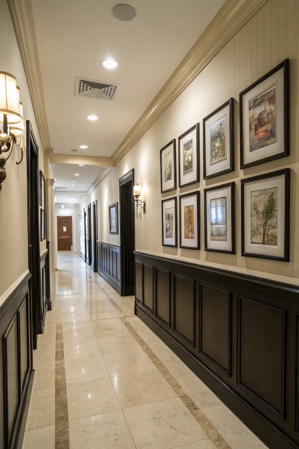 Artistic corridor detailed with dark wainscoting and carefully selected artwork.