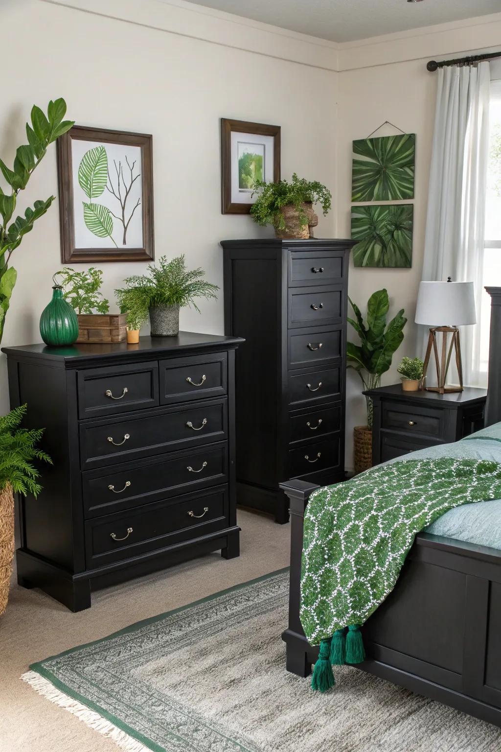 Bold ebony furniture generates a contemporary contrast with green decor.