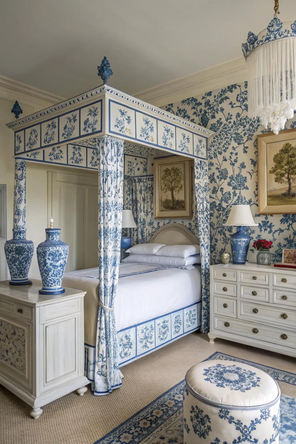 East Asian decorative items add an elegant accent to a bedroom with a blue and white theme.