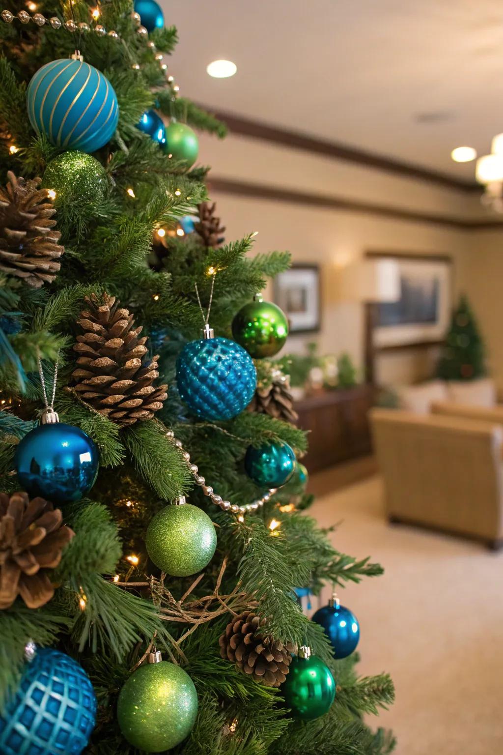 A forest enchantment featuring blue and verdant decorations.