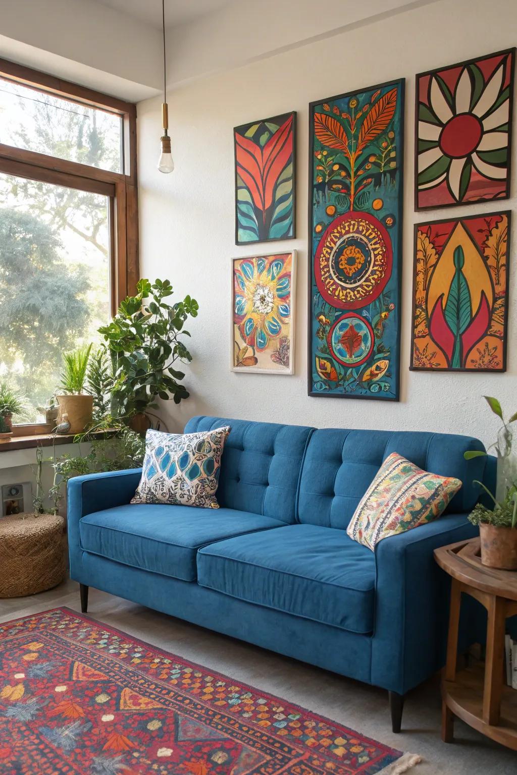 The blue sofa is strikingly contrasted by the strong artwork.