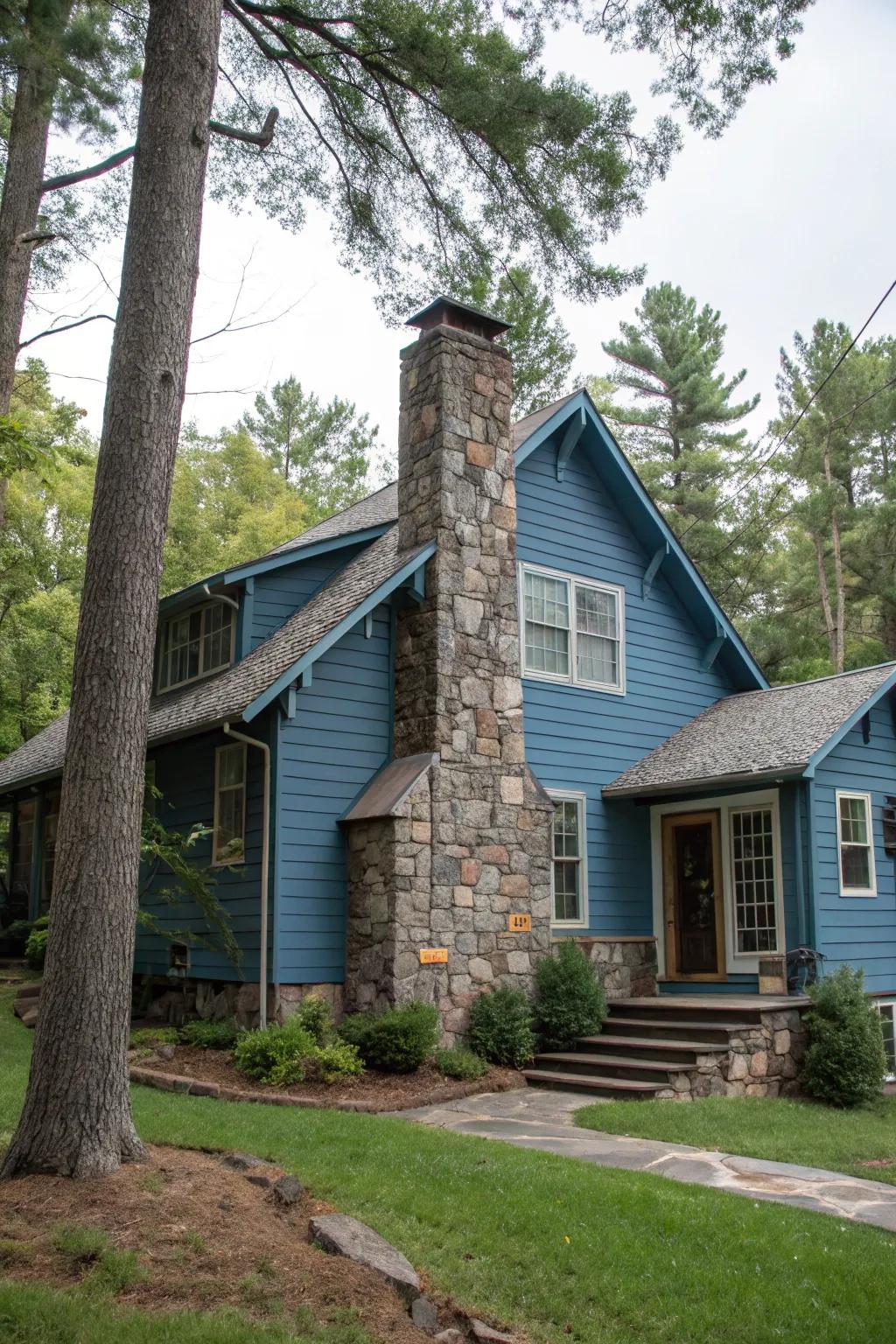 Stone features bring texture and charm to blue houses.