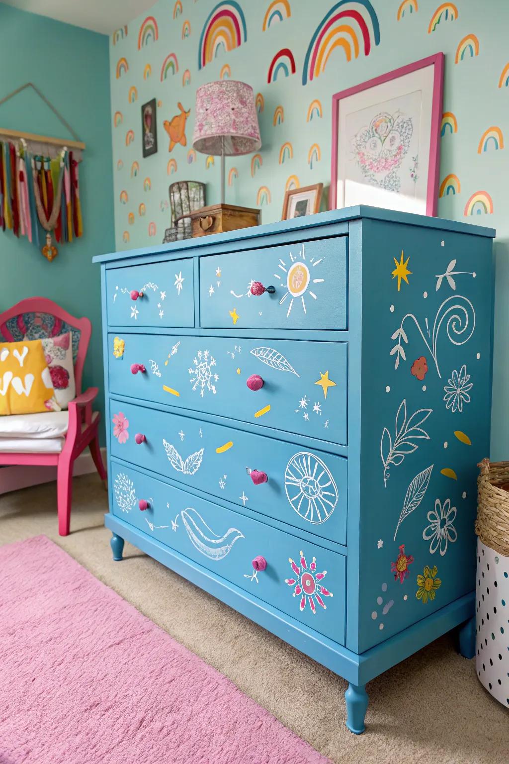 A blue dresser decorated with stencil designs for an engaging appearance.