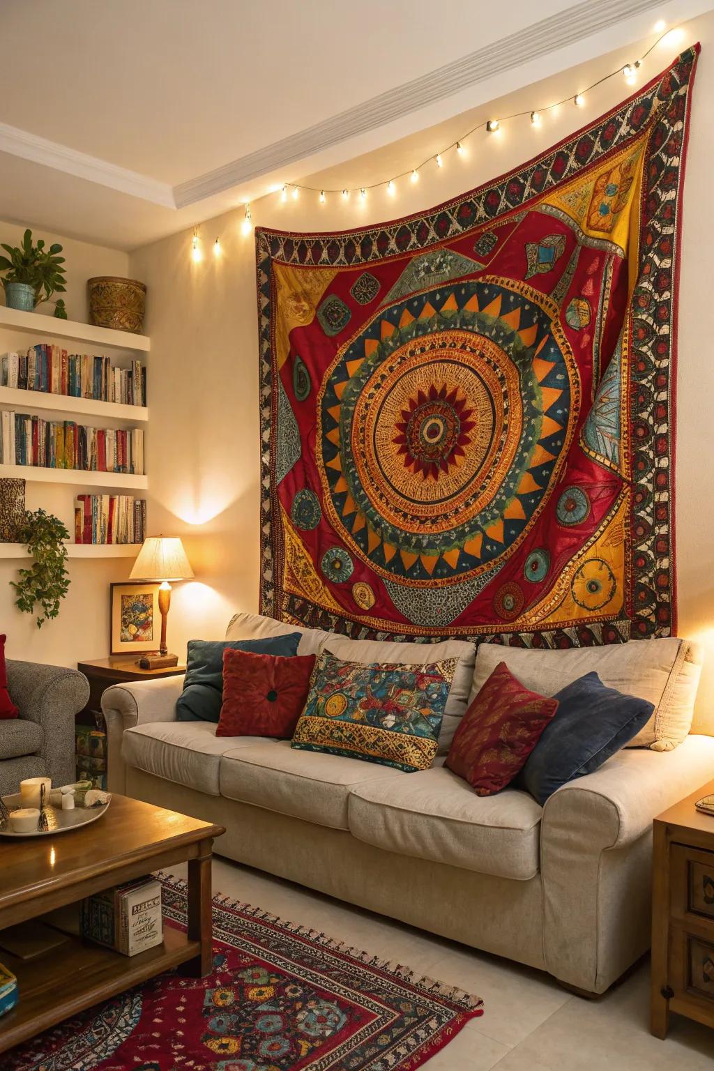 A family room featuring a vibrant wall hanging as a focal point.