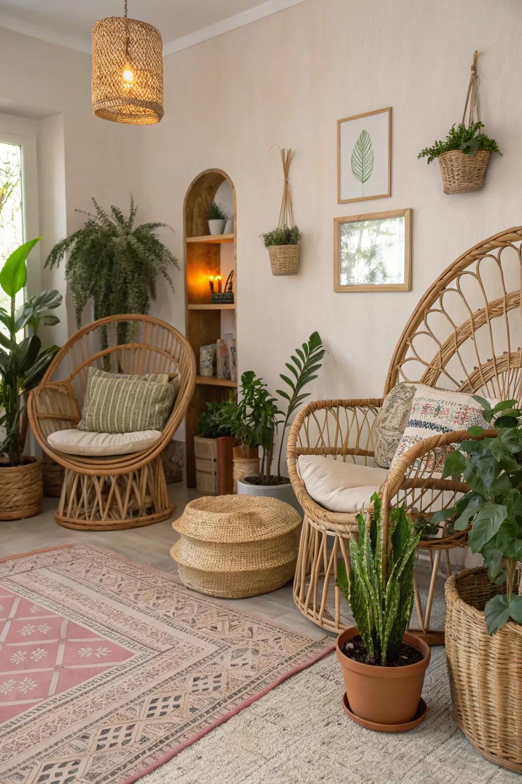 Natural components contribute an earthy quality to bohemian decor.