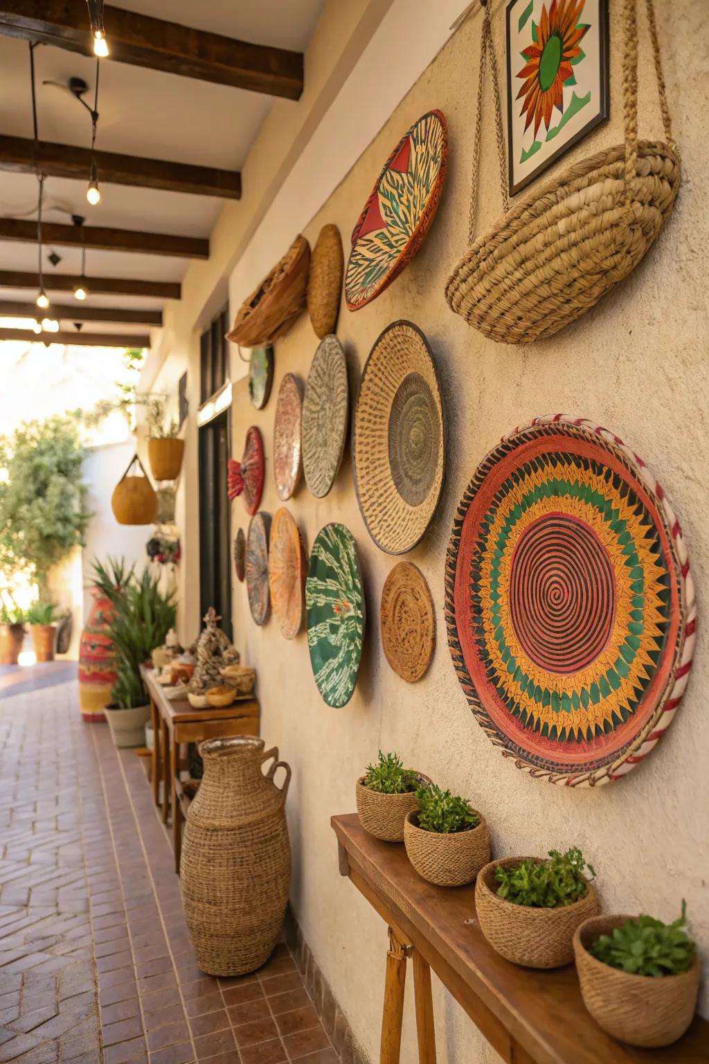 Depth and engagement are heightened on a bohemian wall via decorative accessories.