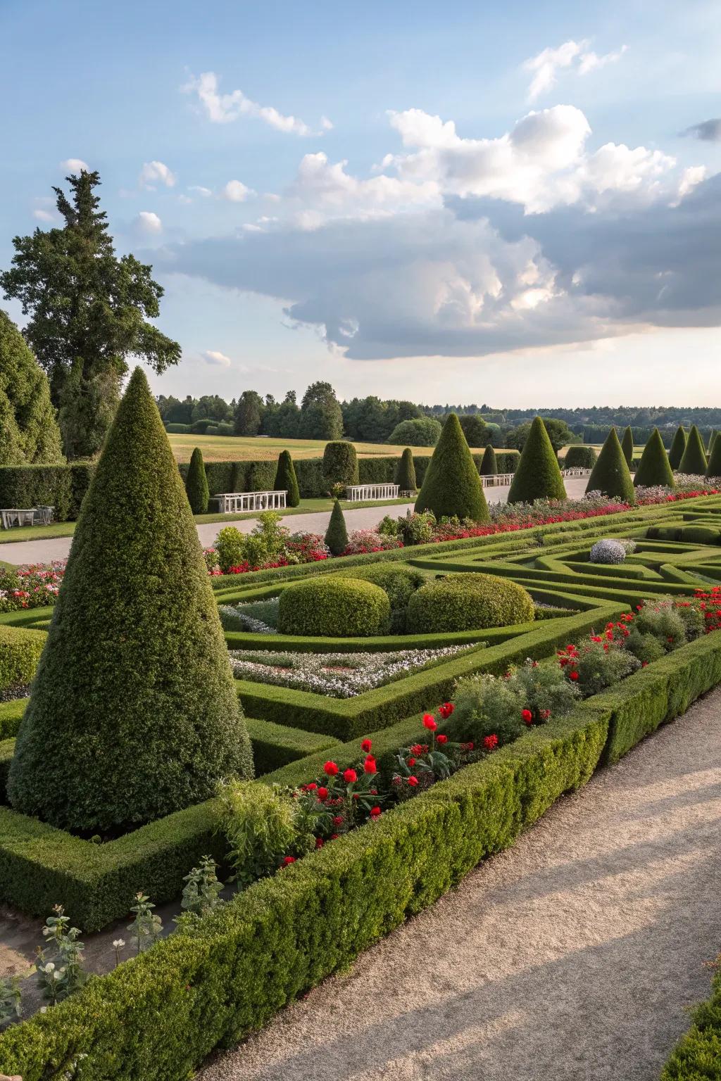 An elegant garden border with geometric shrubbery.