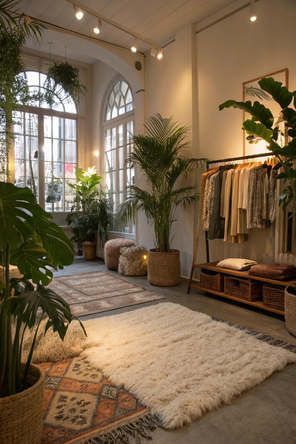 A boutique design featuring inviting elements such as plush ground coverings and flourishing plants for supplemental warmth.