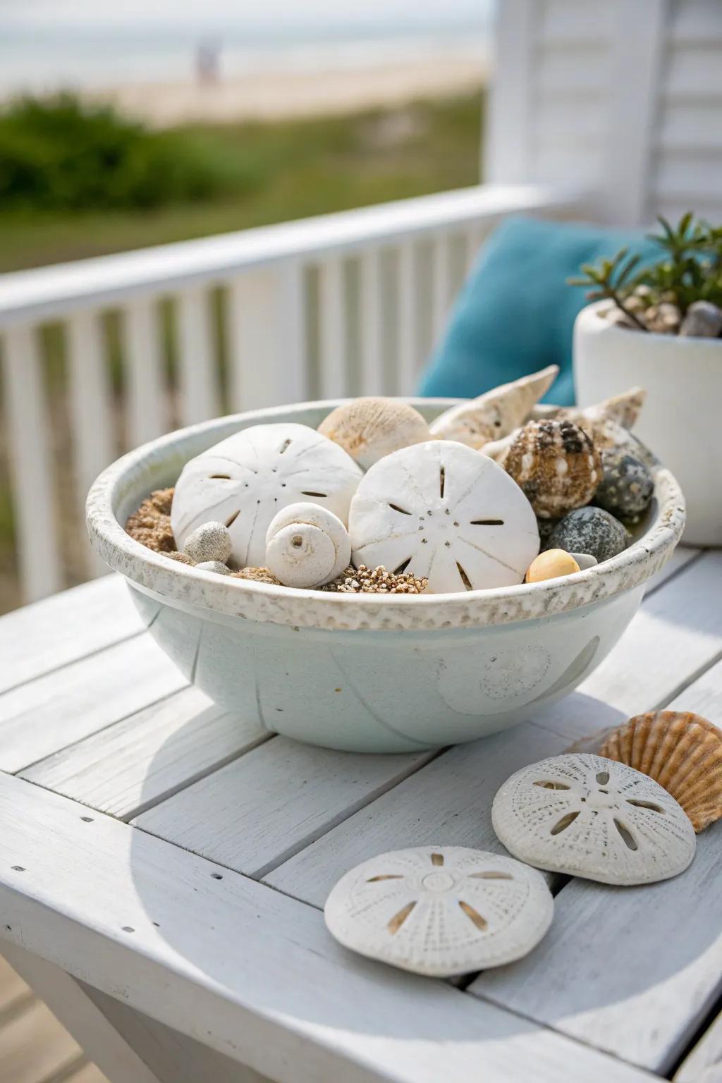 A beach-themed bowl overflowing with treasures from the sea