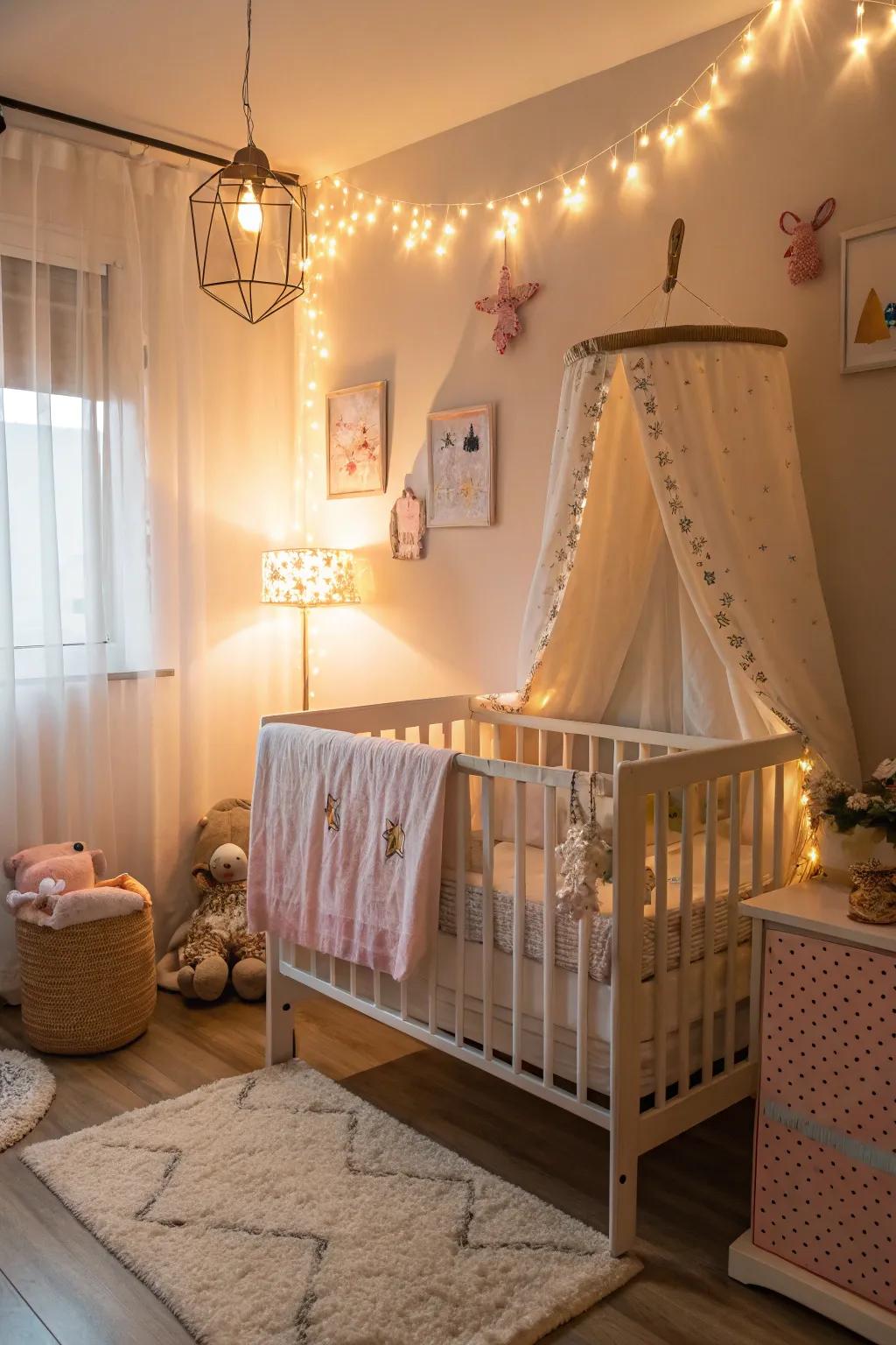 Warm lighting creates a soothing environment in the nursery.