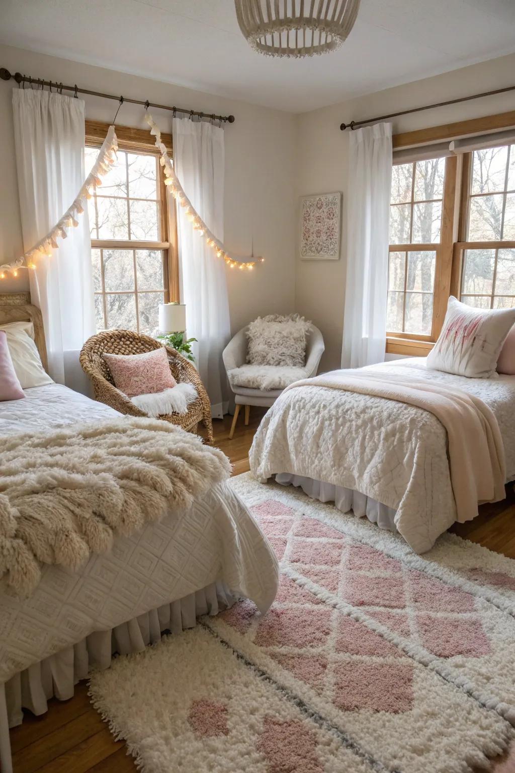 Plush textiles provide warmth and comfort to a shared setting.