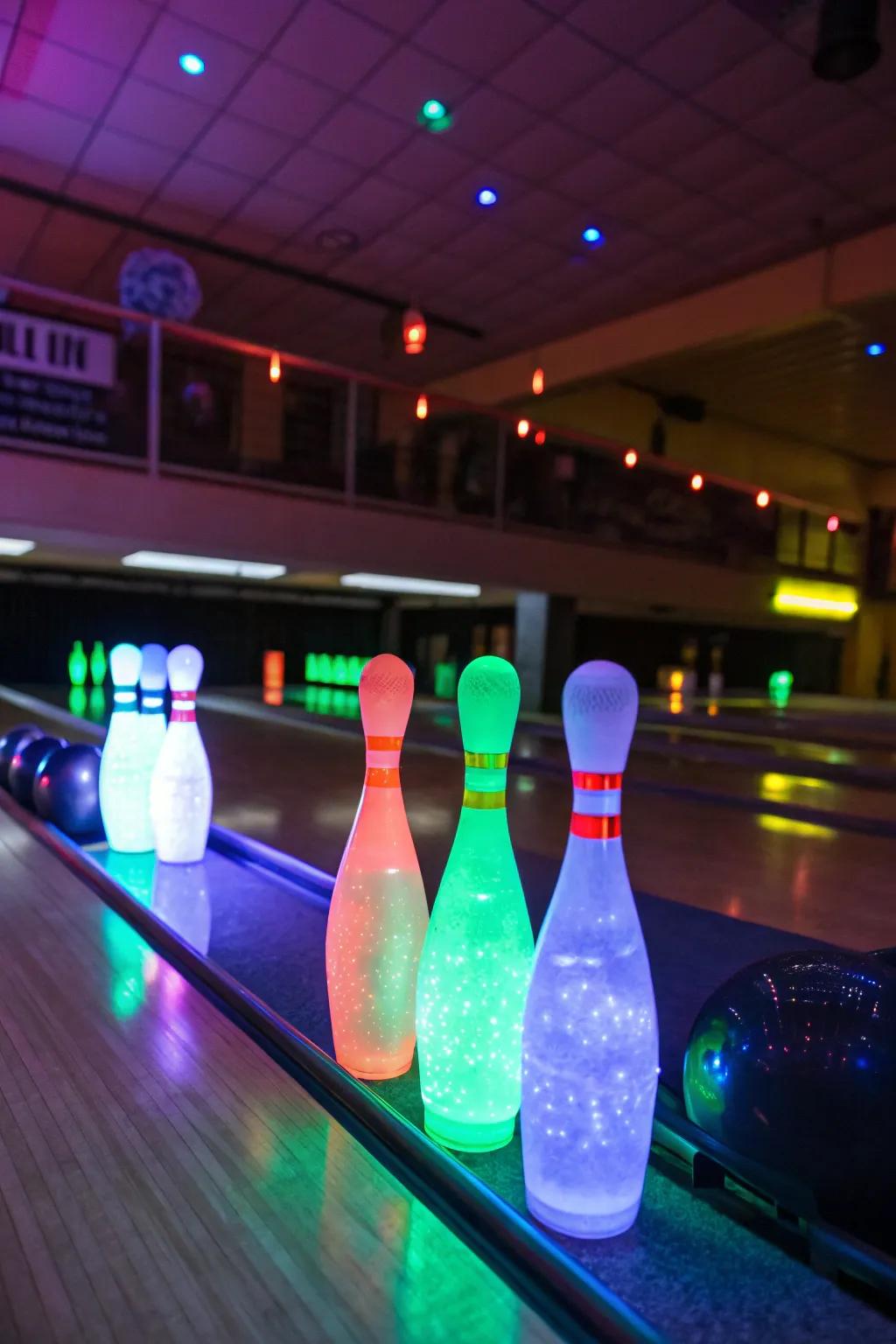 Recreate the bowling alley atmosphere with a glow-in-the-dark twist.
