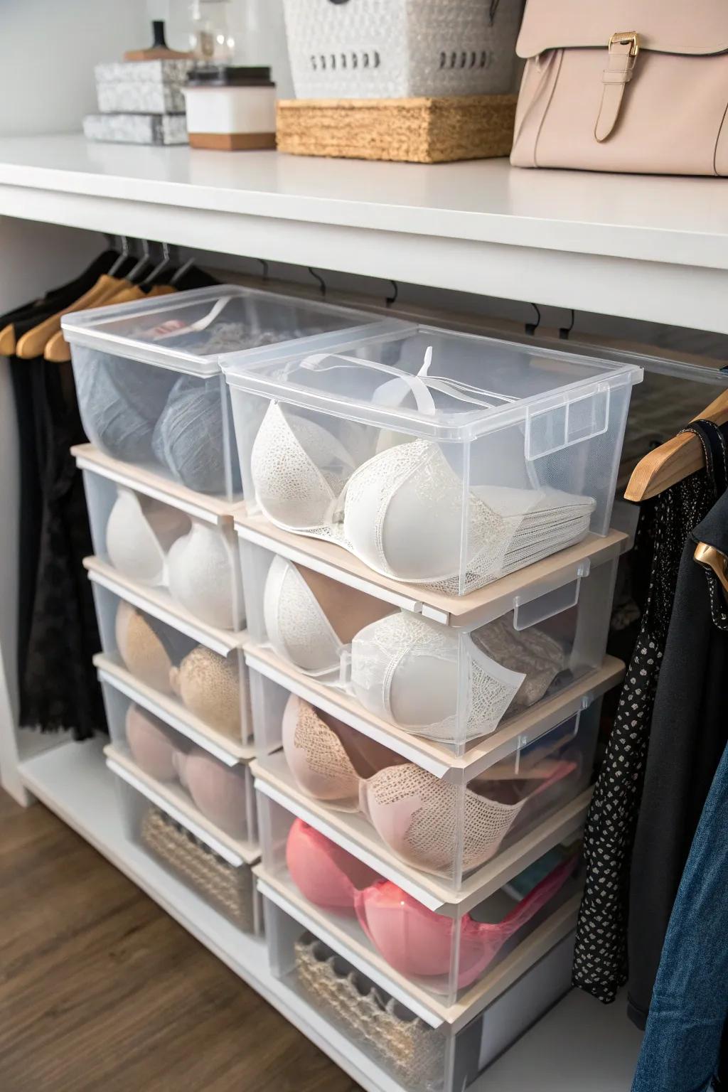 Sustain undergarment visibility and organization through accumulative containers.