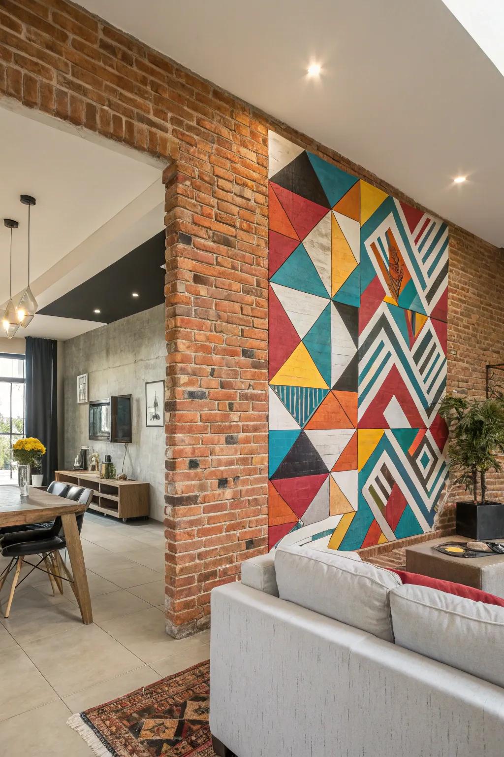 Geometric configurations instill a contemporary ambiance over a brick wall.