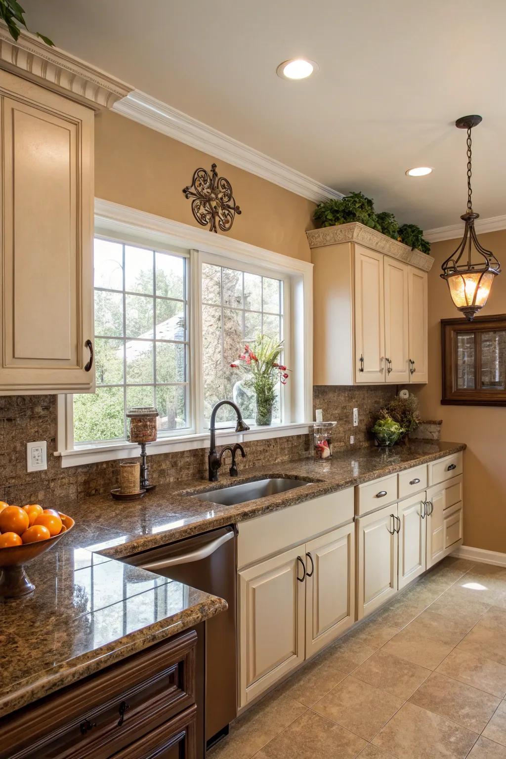 Fawn walls present a timeless equilibrium with brown granite.