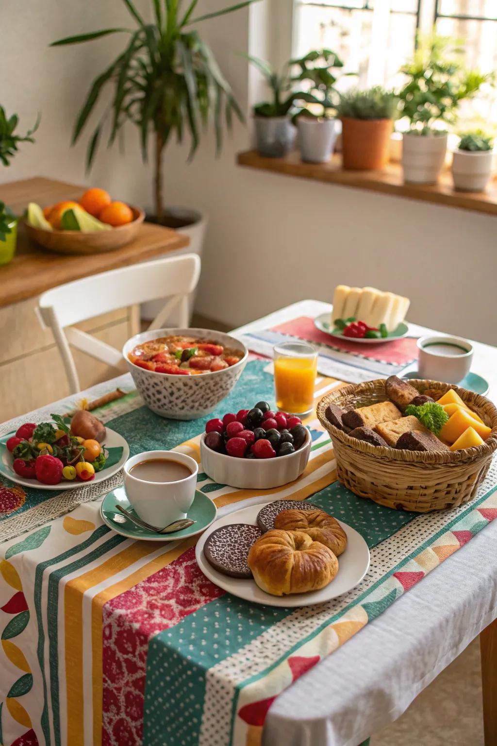 Bright tablecloths create a cheerful vibe for your brunch.