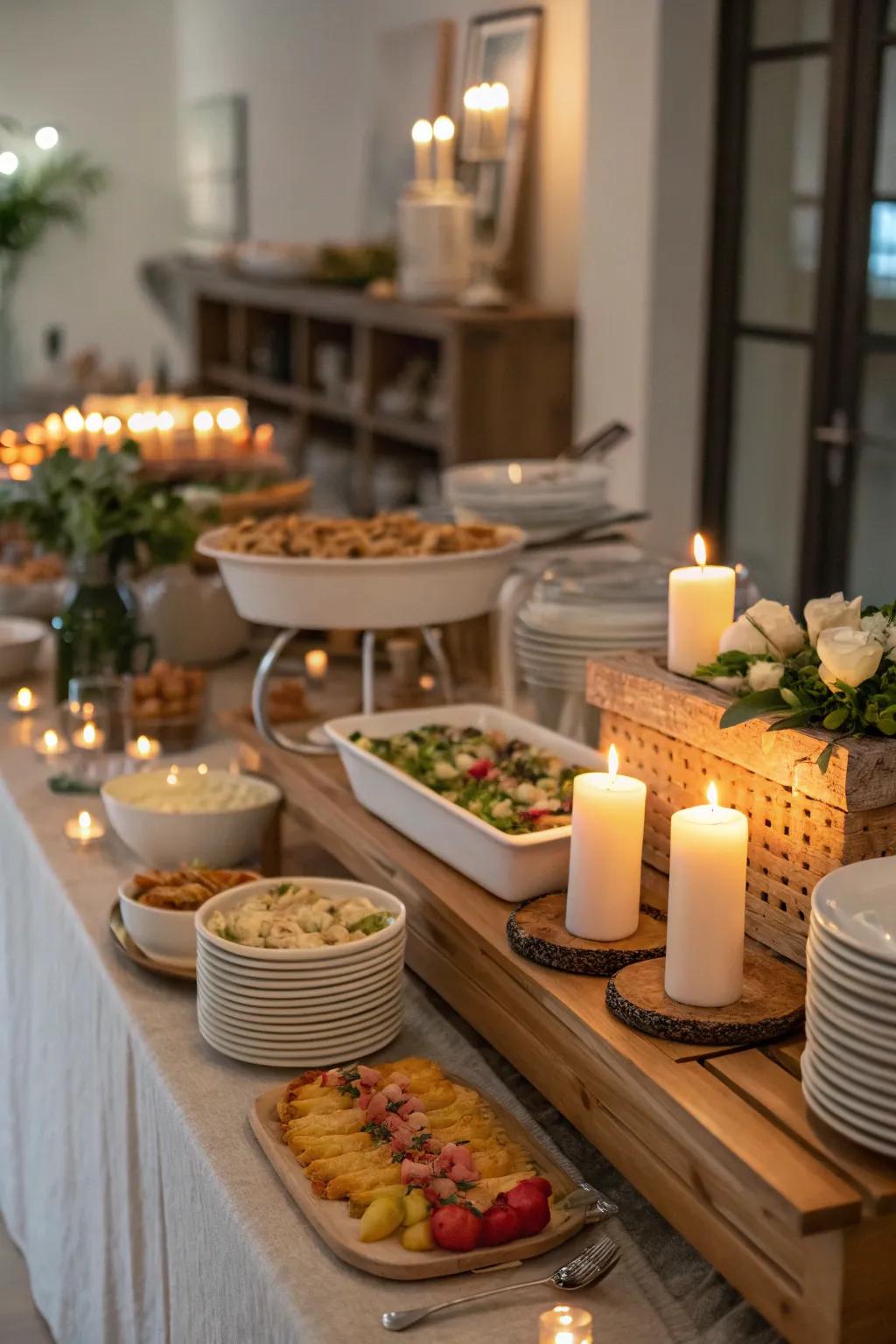 Candlelight imparts a subtle radiance to your buffet arrangement.