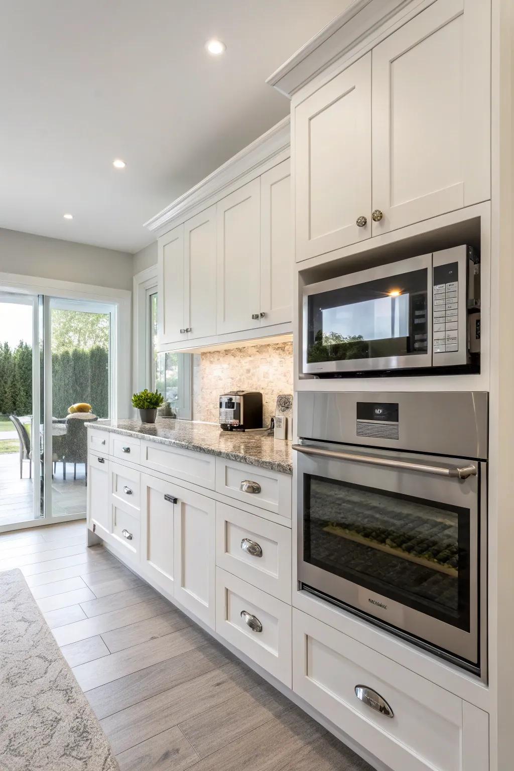 Modern culinary space featuring a retractable cabinet designated for the microwave.